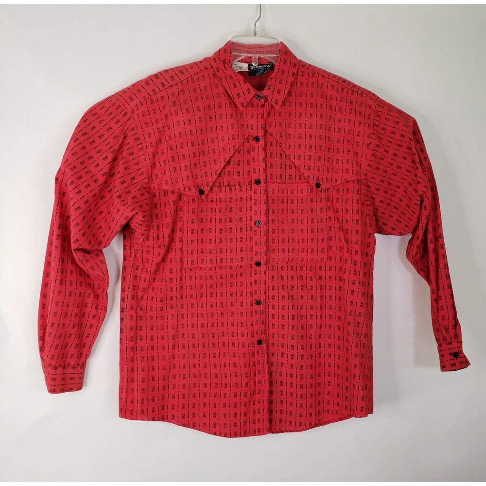 Vtg 80s Western Graphic Button Up Wms L Rocky Moutain Barrel Racer Pockets Red